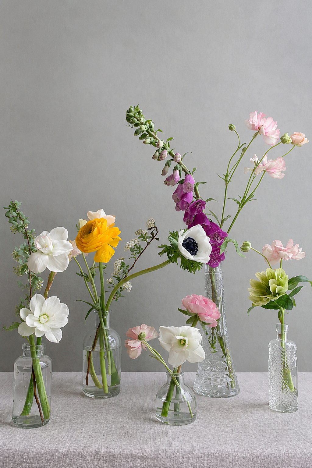 Different cut flowers arranged in five glass vases of varied shapes