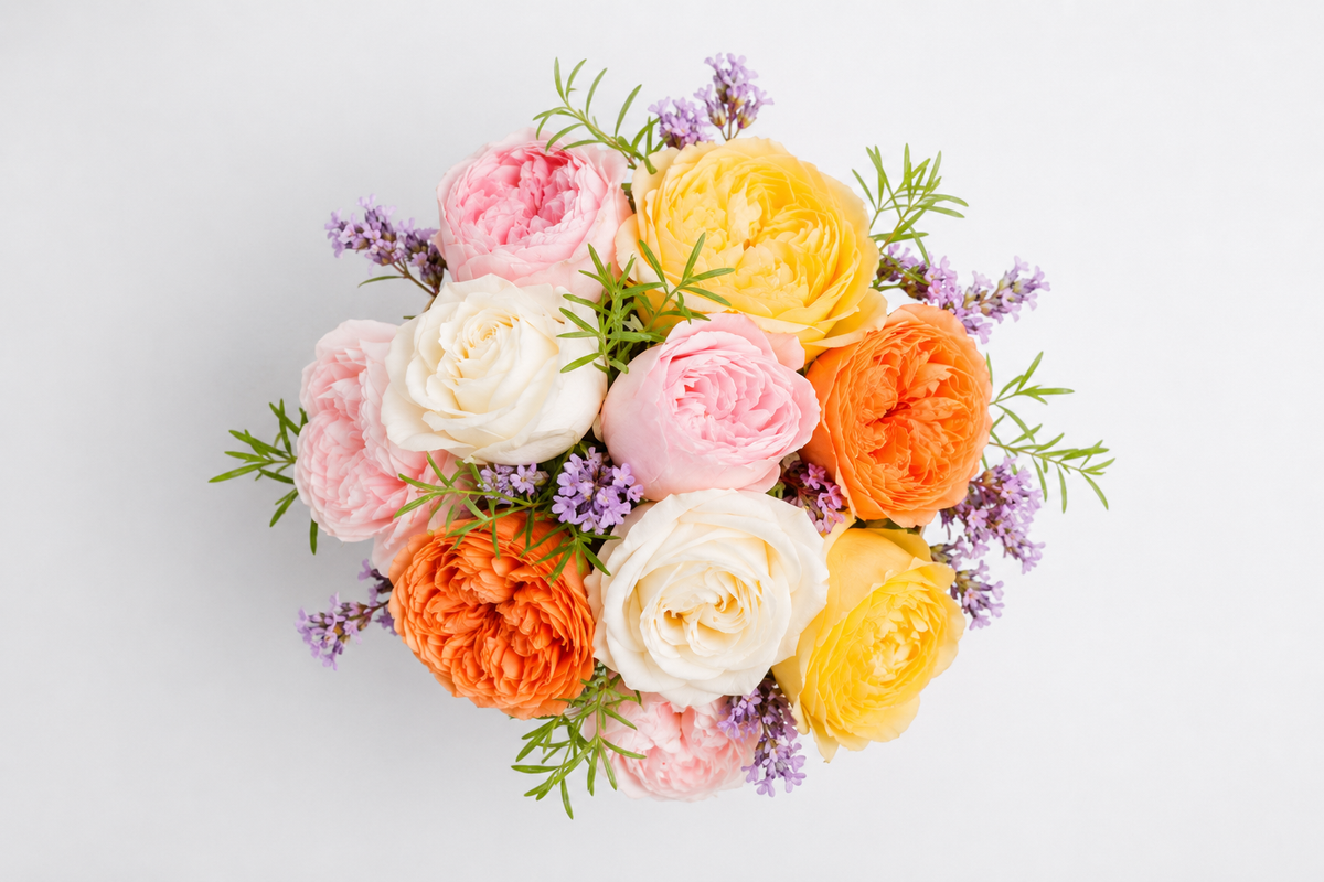 Round bouquet of pink, yellow, orange and white roses seen from above