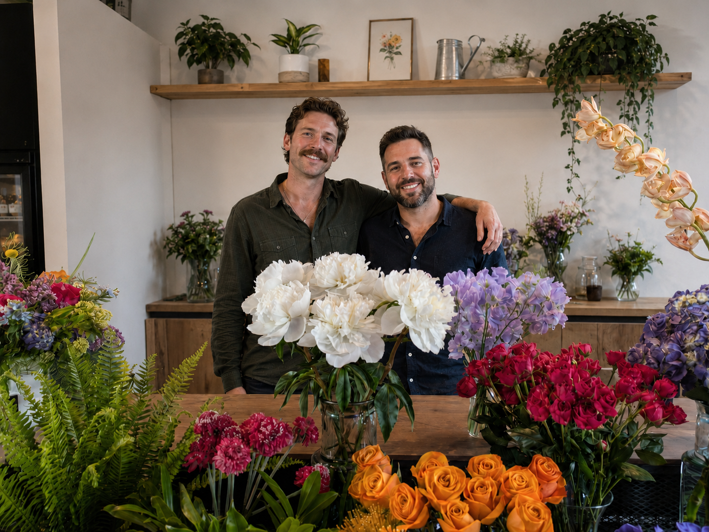 The two Rosarium founders surrounded by colourful flowers