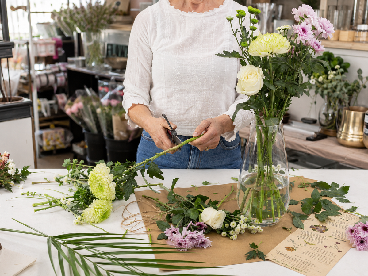 Hände schneiden einen Blumenstiel neben einem Strauß in einer Glasvase an