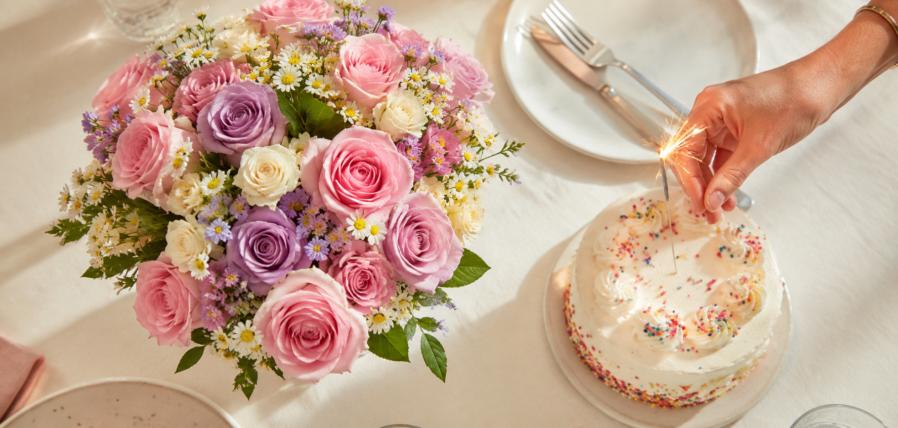 Pink and lilac rose bouquet beside a birthday cake and lit sparkler