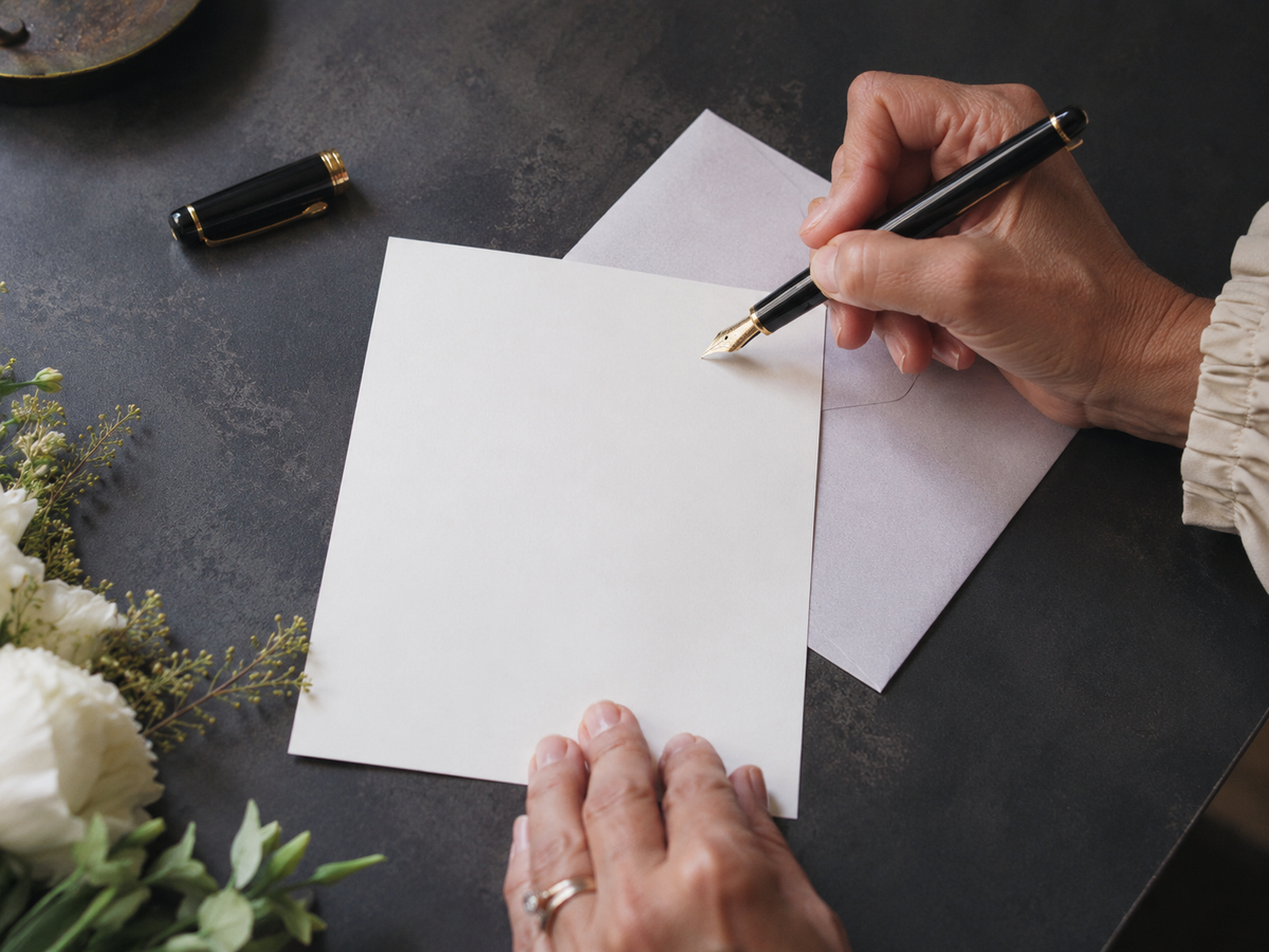 Hand writing on a blank flower card with a fountain pen beside white flowers