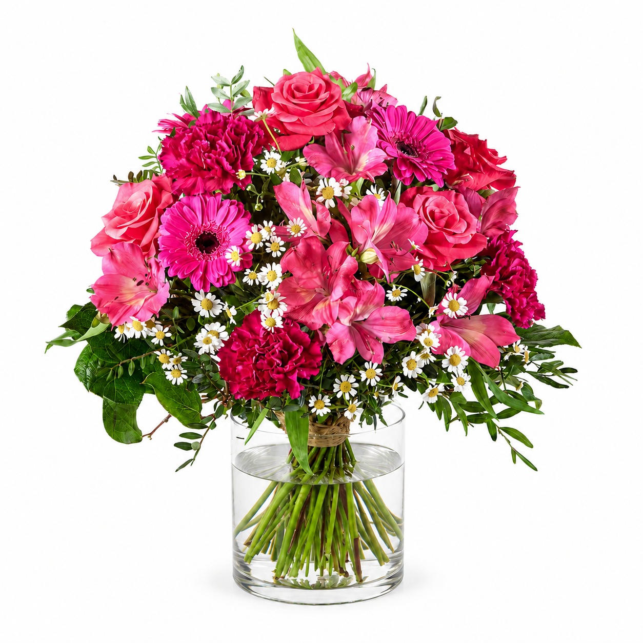 Pink-weißer Muttertagsstrauß mit Rosen, Germini und Kamille