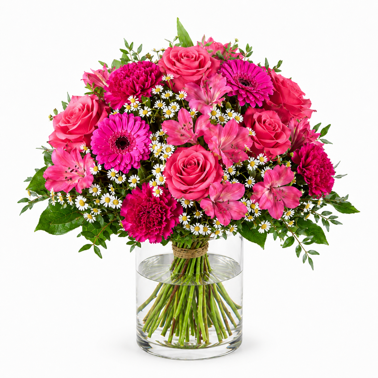 Pink-weißer Muttertagsstrauß mit Rosen, Germini und Kamille