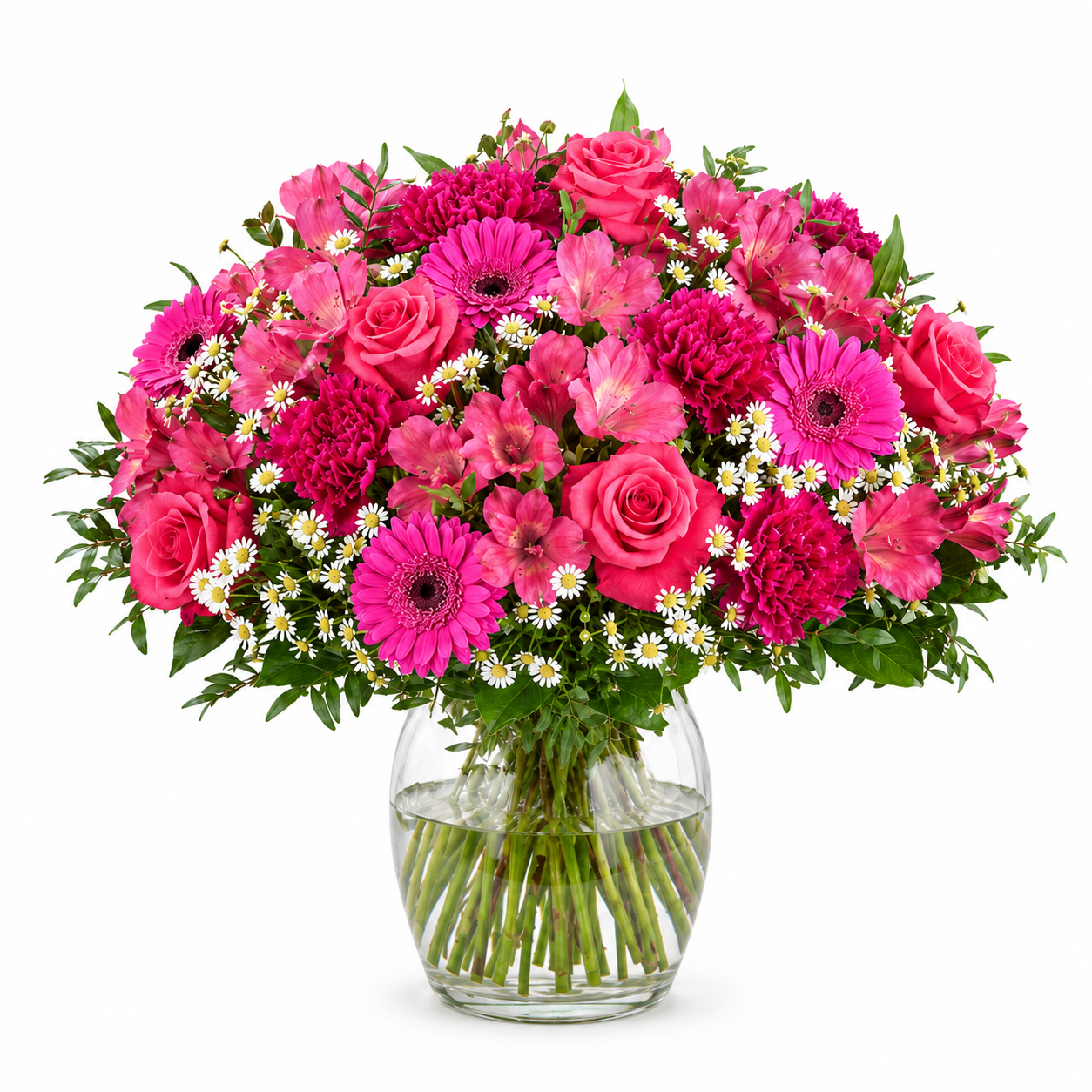 Pink-weißer Muttertagsstrauß mit Rosen, Germini und Kamille