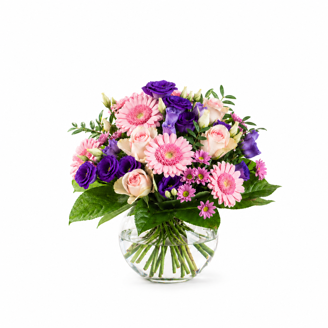 Rosa-violetter Blumenstrauß mit Rosen, Gerbera und Lisianthus