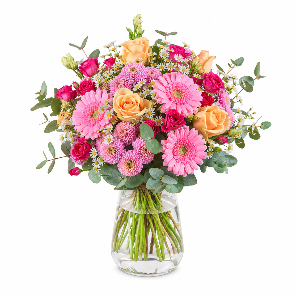 Muttertagsstrauß in Apricot und Rosa mit Rosen, Germini und Eustoma
