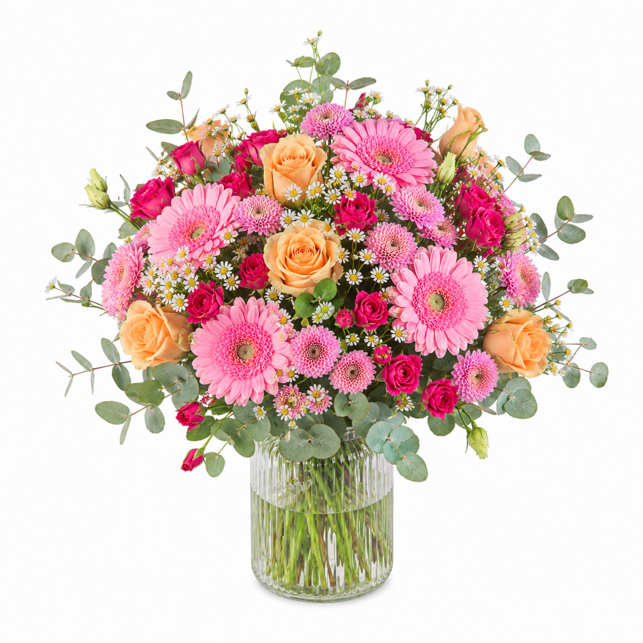 Muttertagsstrauß in Apricot und Rosa mit Rosen, Germini und Eustoma