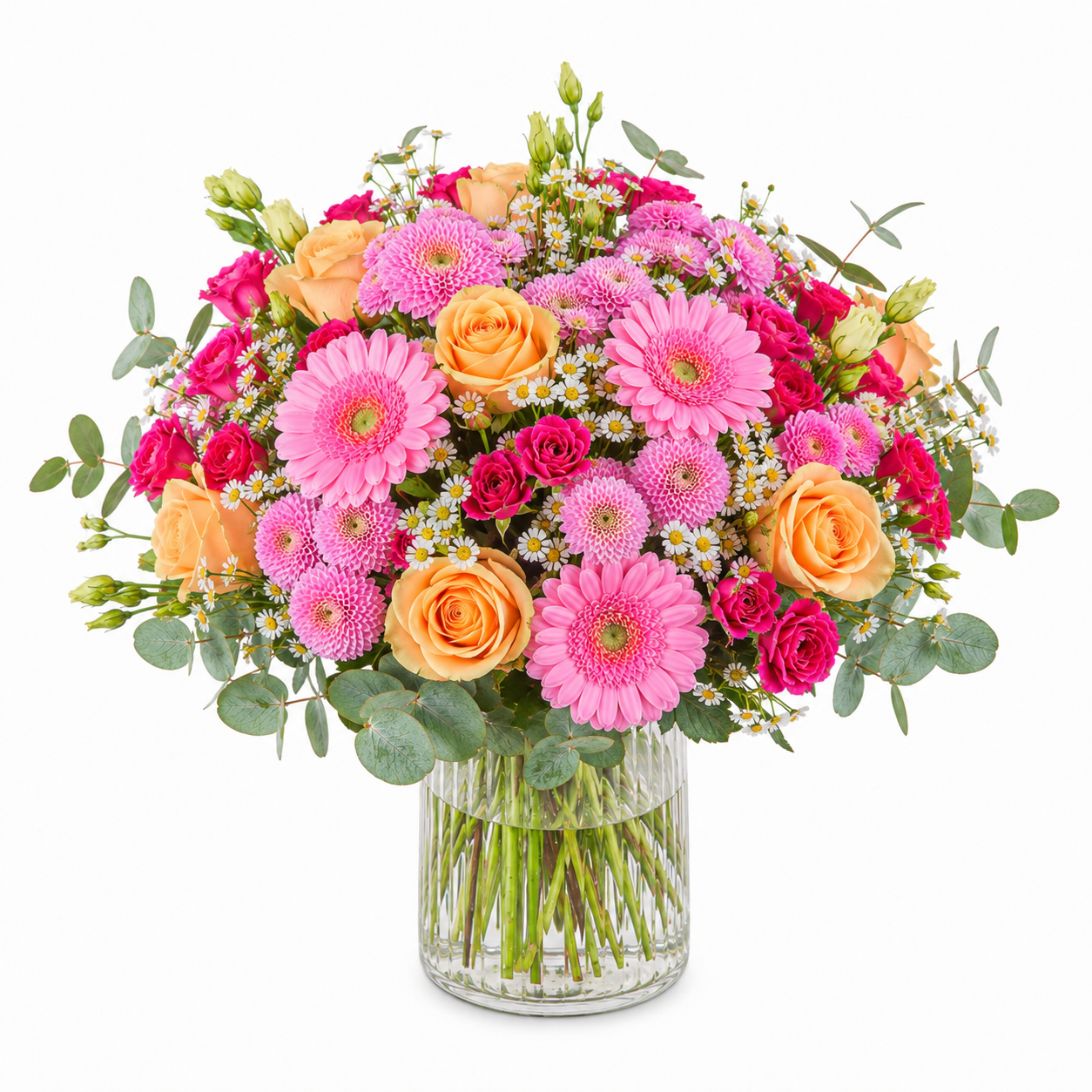 Muttertagsstrauß in Apricot und Rosa mit Rosen, Germini und Eustoma