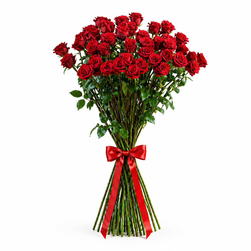 Großer Strauß aus leuchtend roten Rosen und frischem Grün