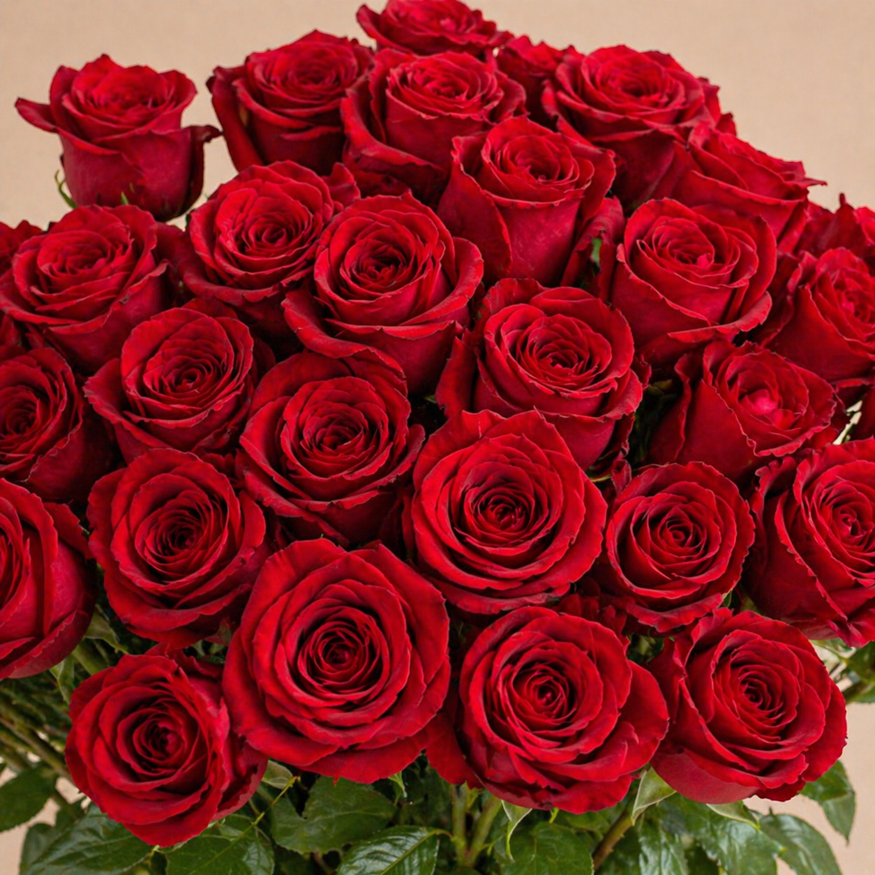 Großer Strauß aus leuchtend roten Rosen und frischem Grün