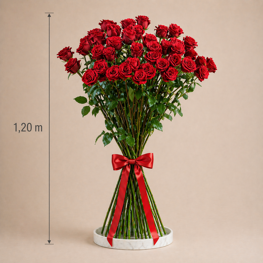 Großer Strauß aus leuchtend roten Rosen und frischem Grün
