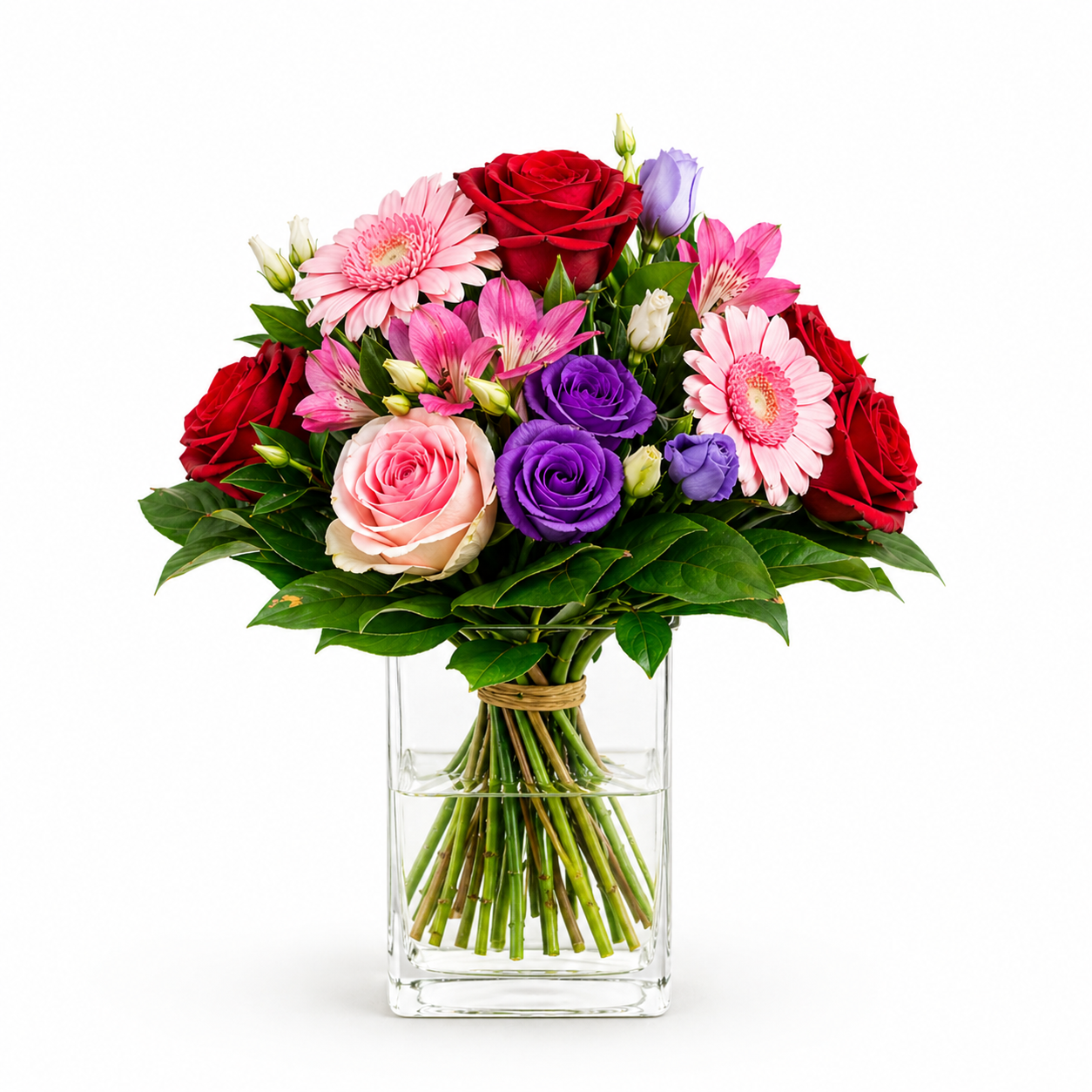 Rosa-pinker Blumenstrauß mit Rosen, Gerbera und frischem Grün