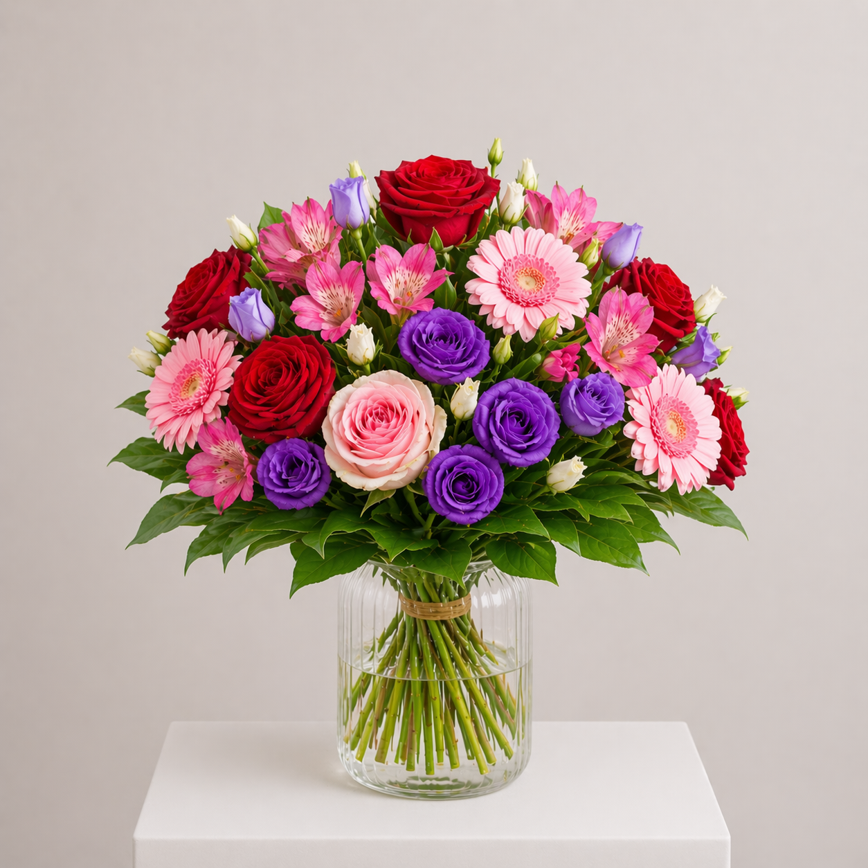 Rosa-pinker Blumenstrauß mit Rosen, Gerbera und frischem Grün