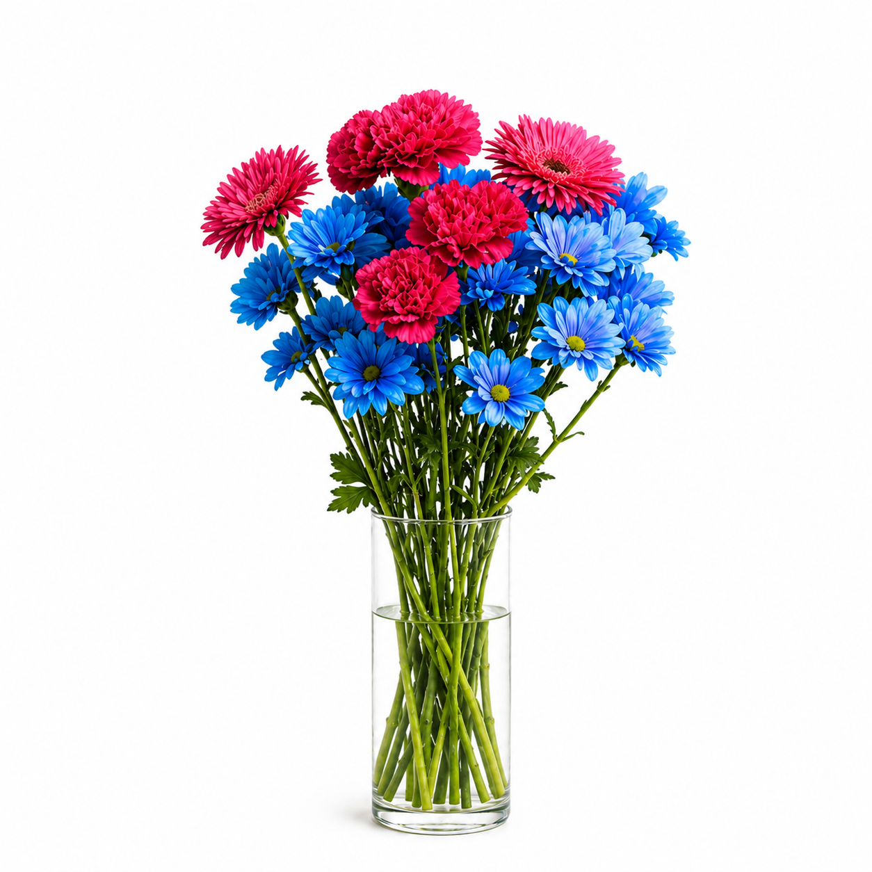 Pink-blauer Blumenstrauß mit Nelken, Gerbera und Chrysanthemen
