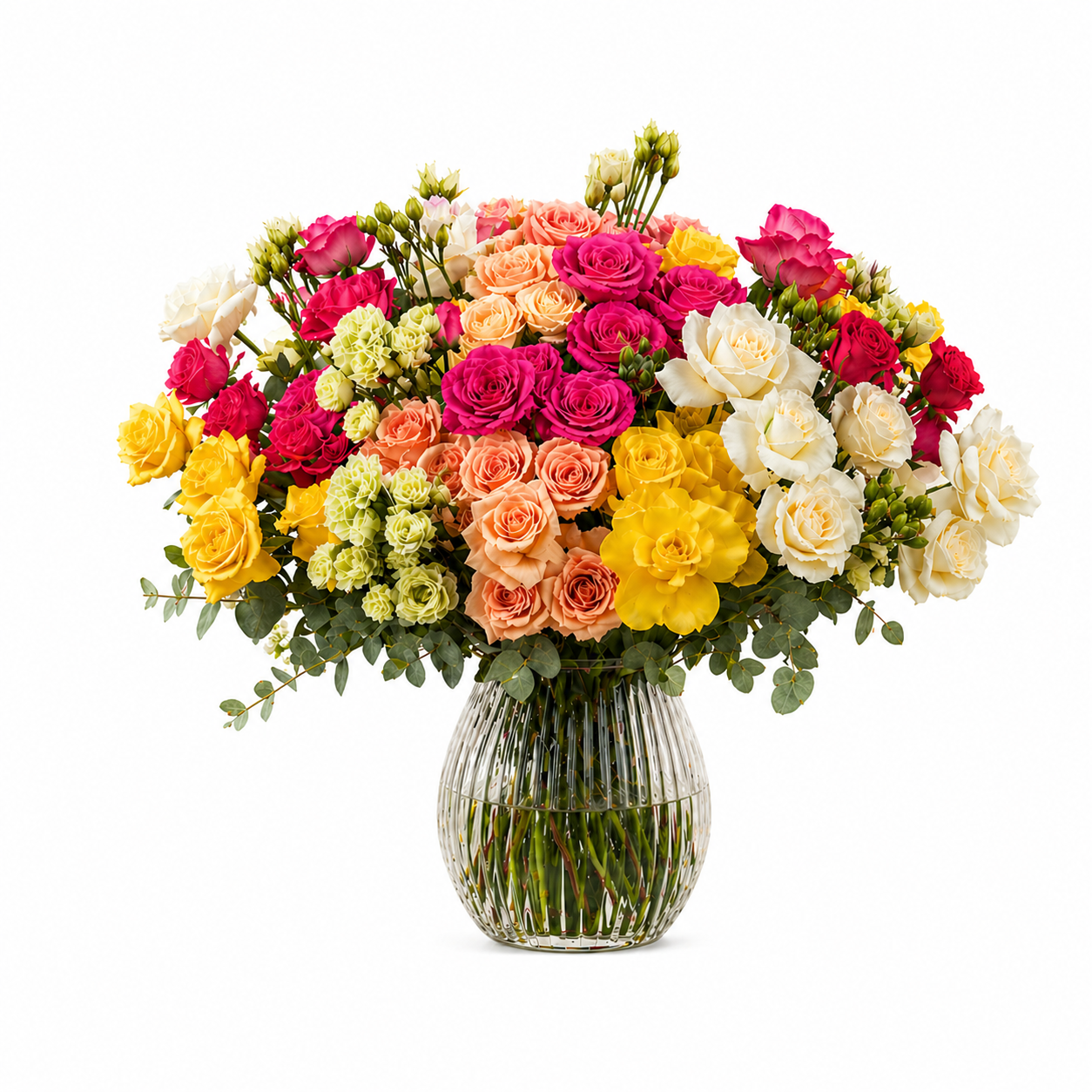 Großer Rosenstrauß in Weiß, Gelb, Pink und Apricot mit Eukalyptus