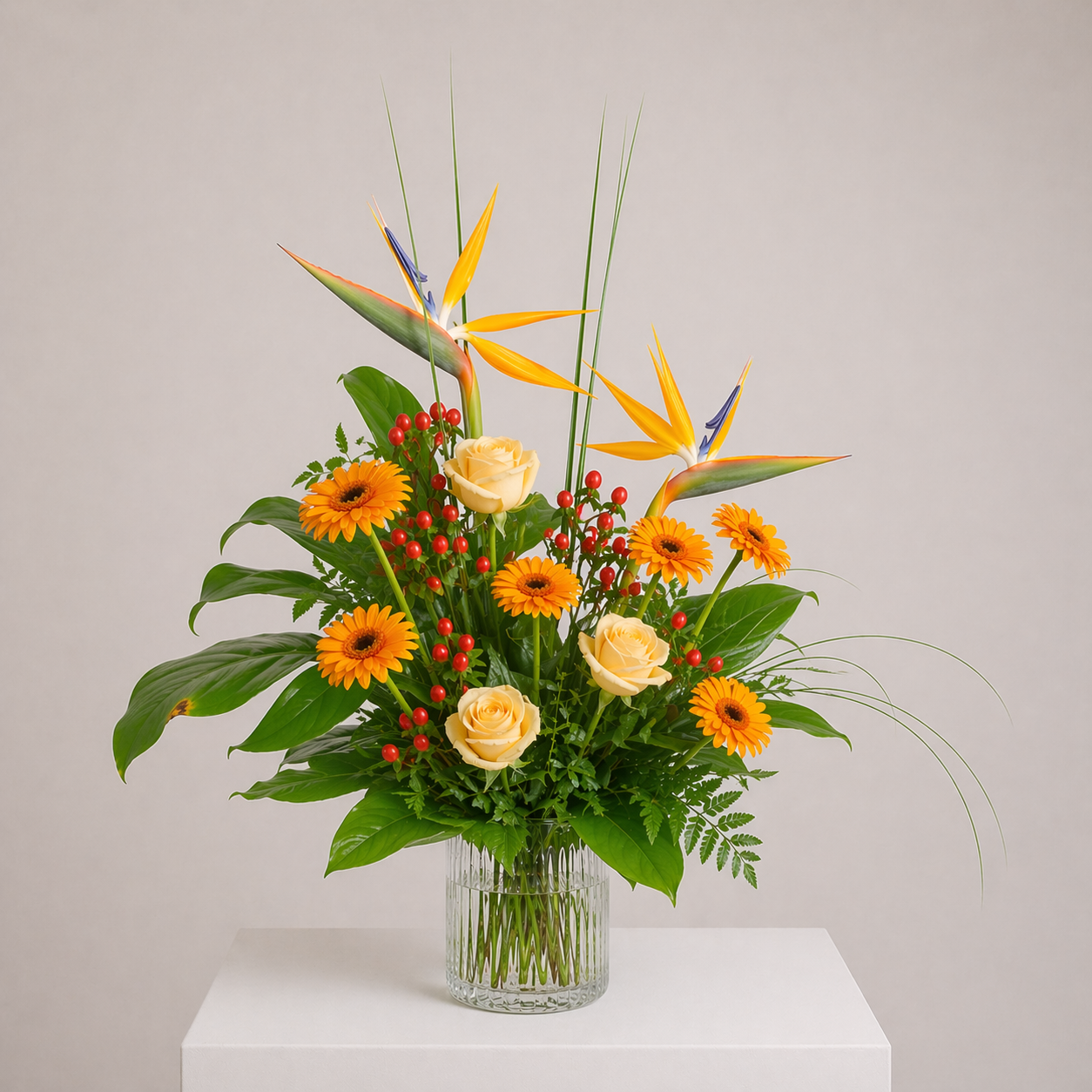 Exotischer Blumenstrauß mit Strelitzien, Rosen und Gerbera