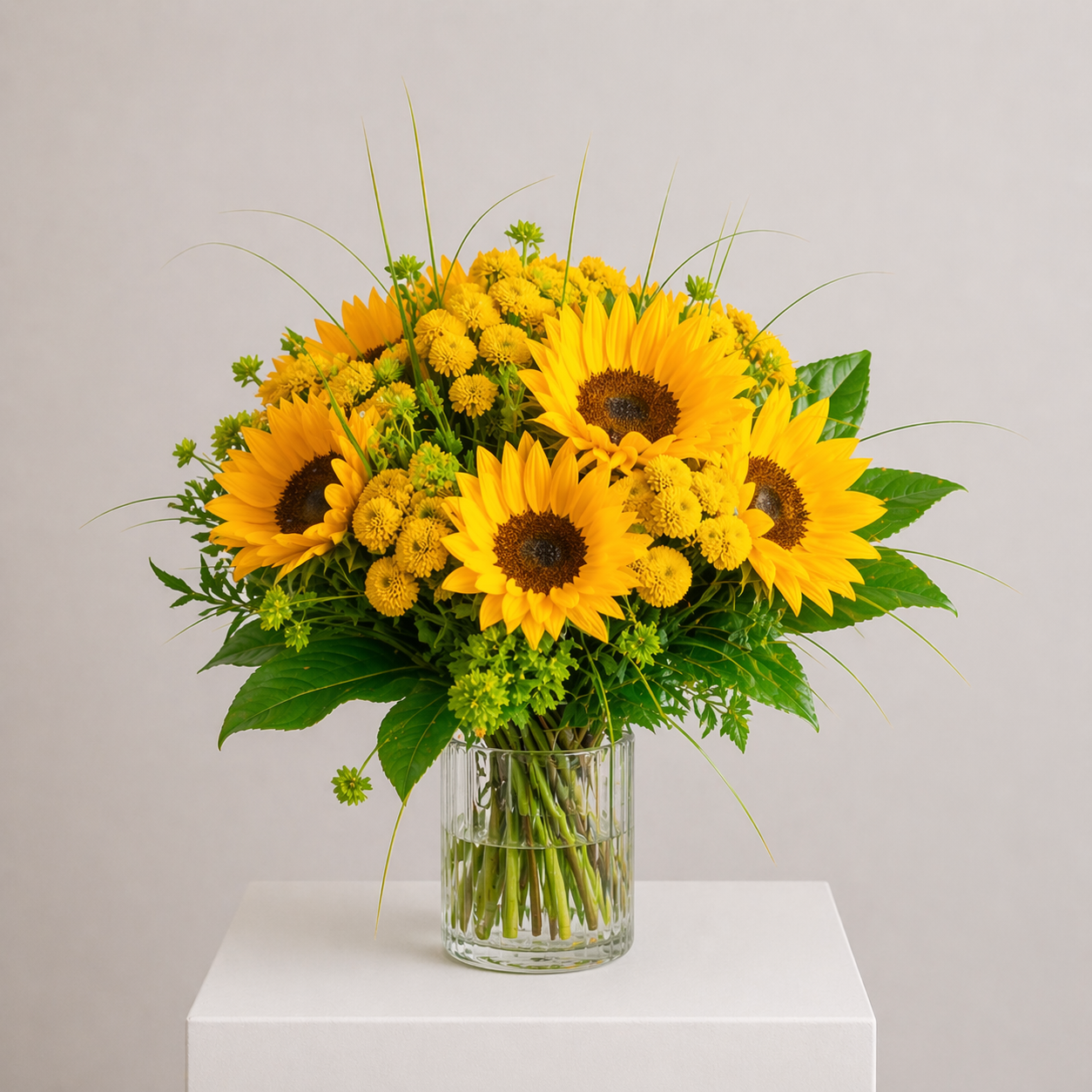 Sonnenblumenstrauß mit goldenen Chrysanthemen und Ziergräsern