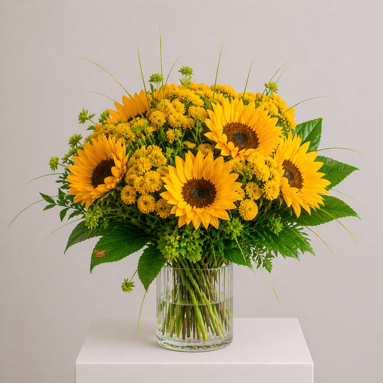 Sonnenblumenstrauß mit goldenen Chrysanthemen und Ziergräsern