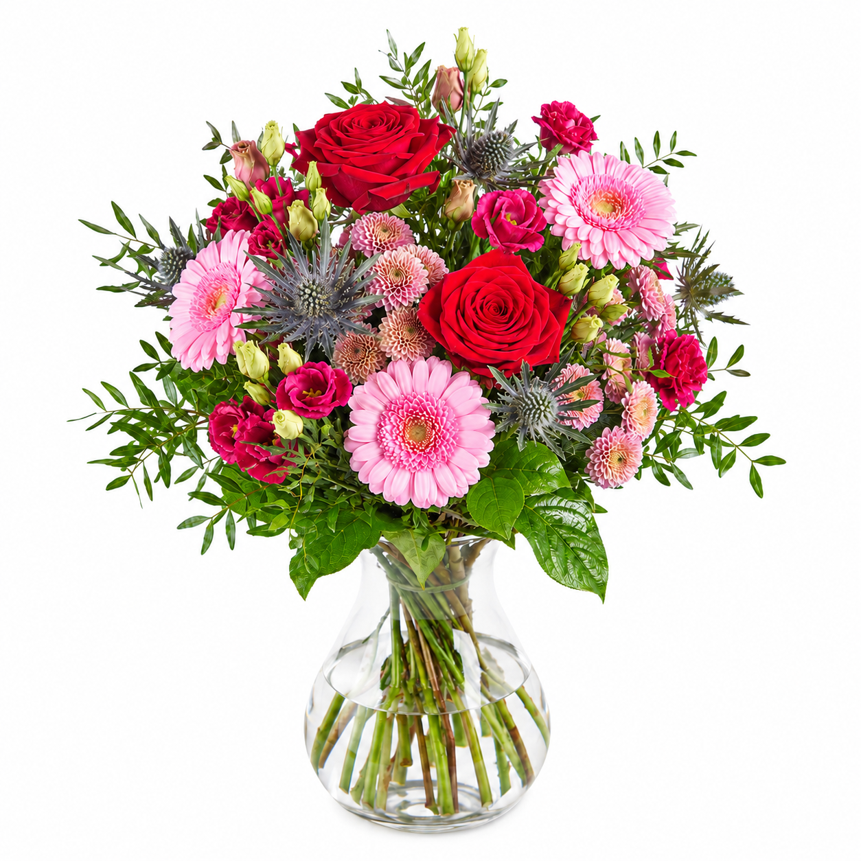 Roter und rosa Muttertagsstrauß mit Rosen, Lisianthus und Germini