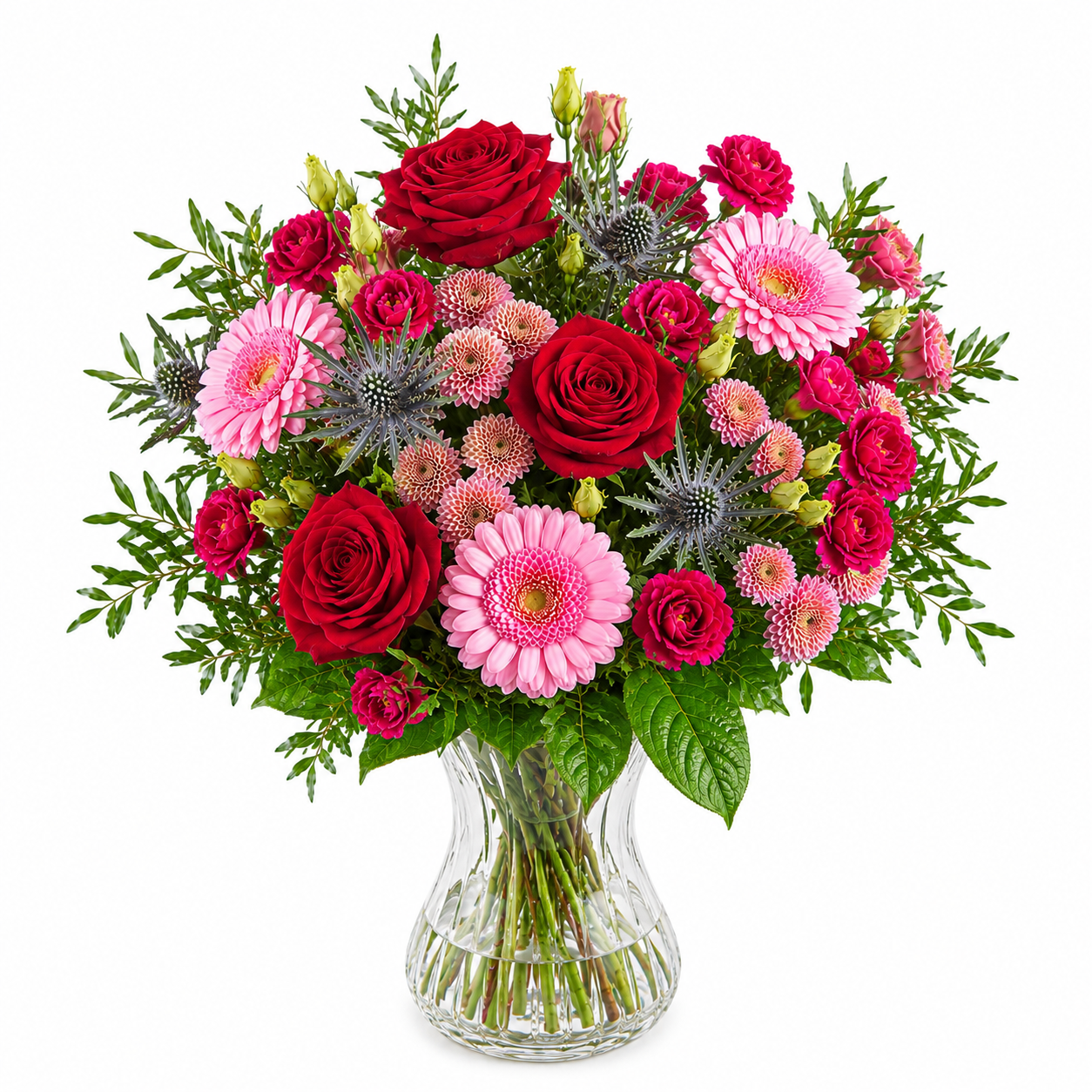 Roter und rosa Muttertagsstrauß mit Rosen, Lisianthus und Germini