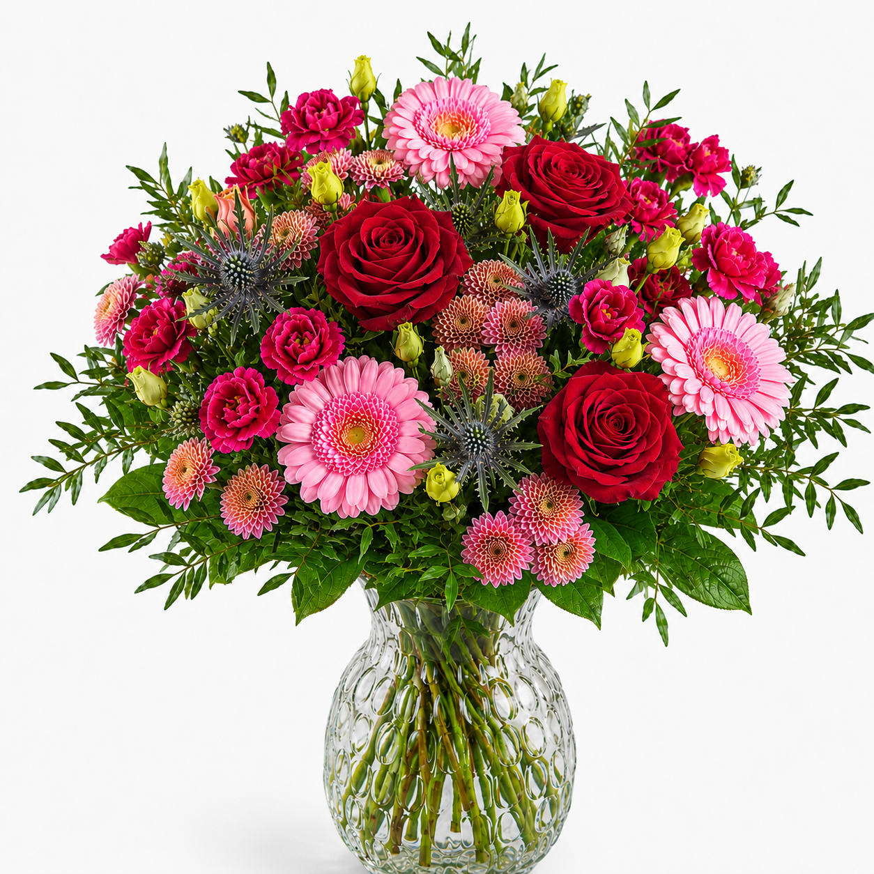 Roter und rosa Muttertagsstrauß mit Rosen, Lisianthus und Germini
