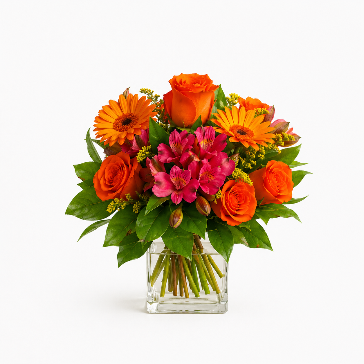Leuchtender Blumenstrauß mit Rosen, Gerbera und Inkalilien