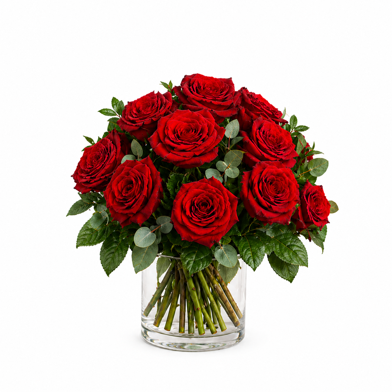 Klassischer Strauß mit roten Rosen und Eukalyptus