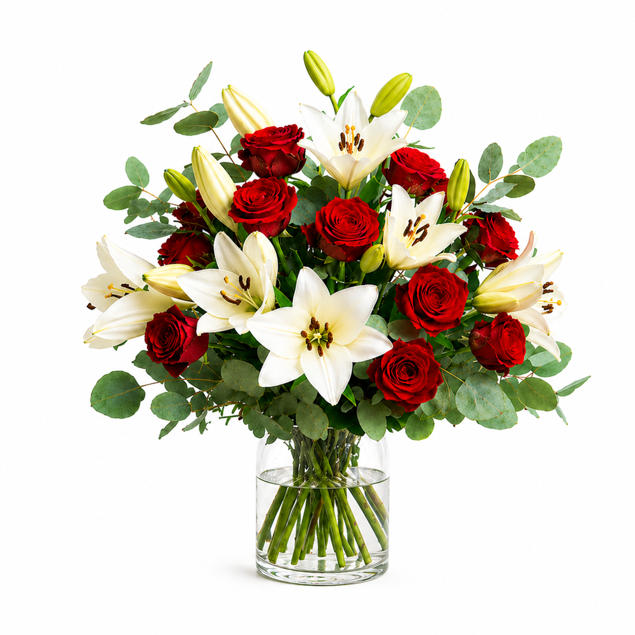 Romantischer Strauß mit roten Rosen und weißen Lilien