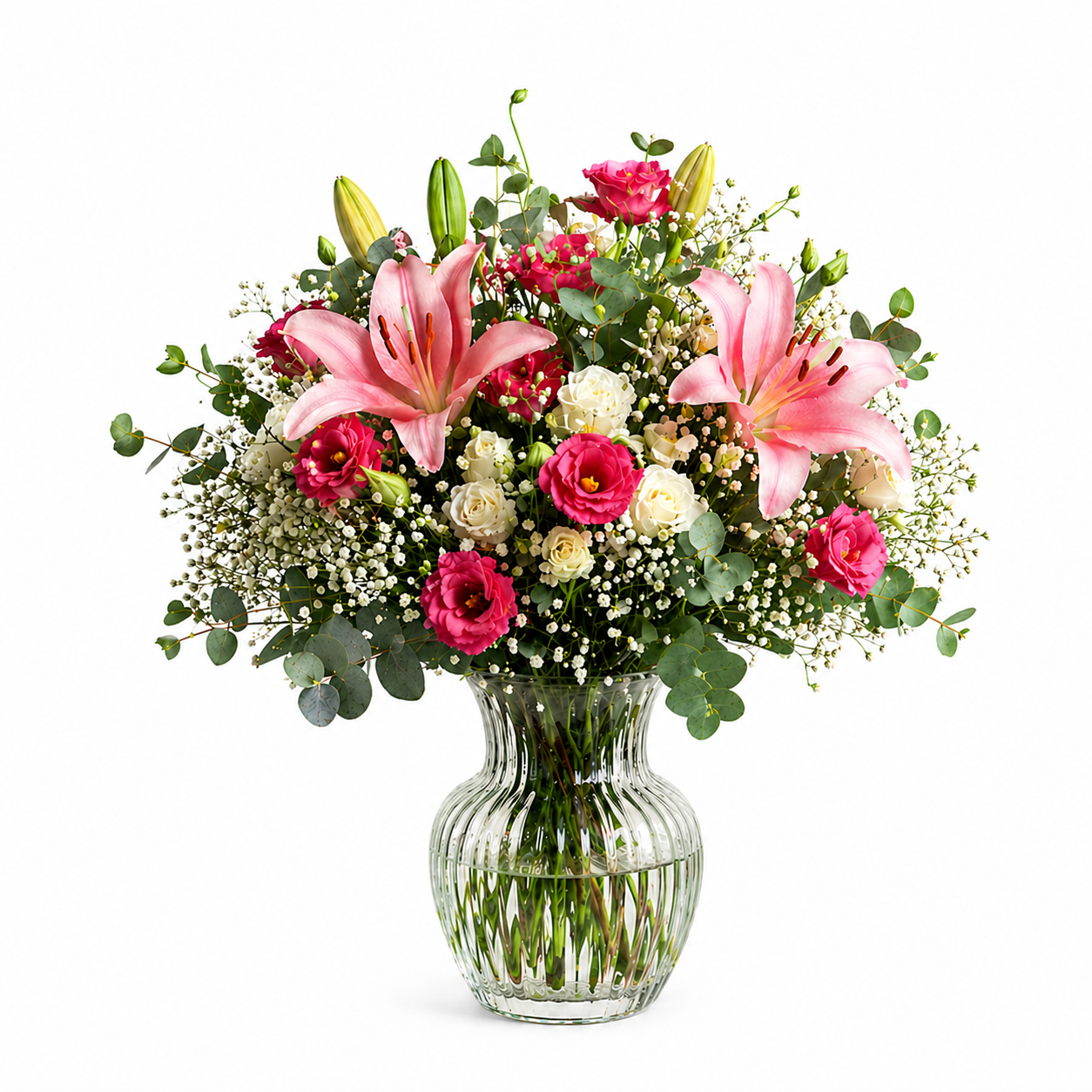 Rosa Blumenstrauß mit Lilien, Rosen, Lisianthus und Eukalyptus