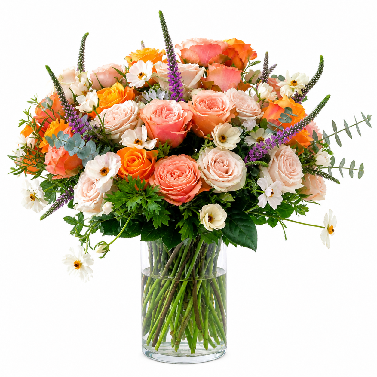 Eleganter Muttertagsstrauß mit Rosen, Delphinium und Eukalyptus