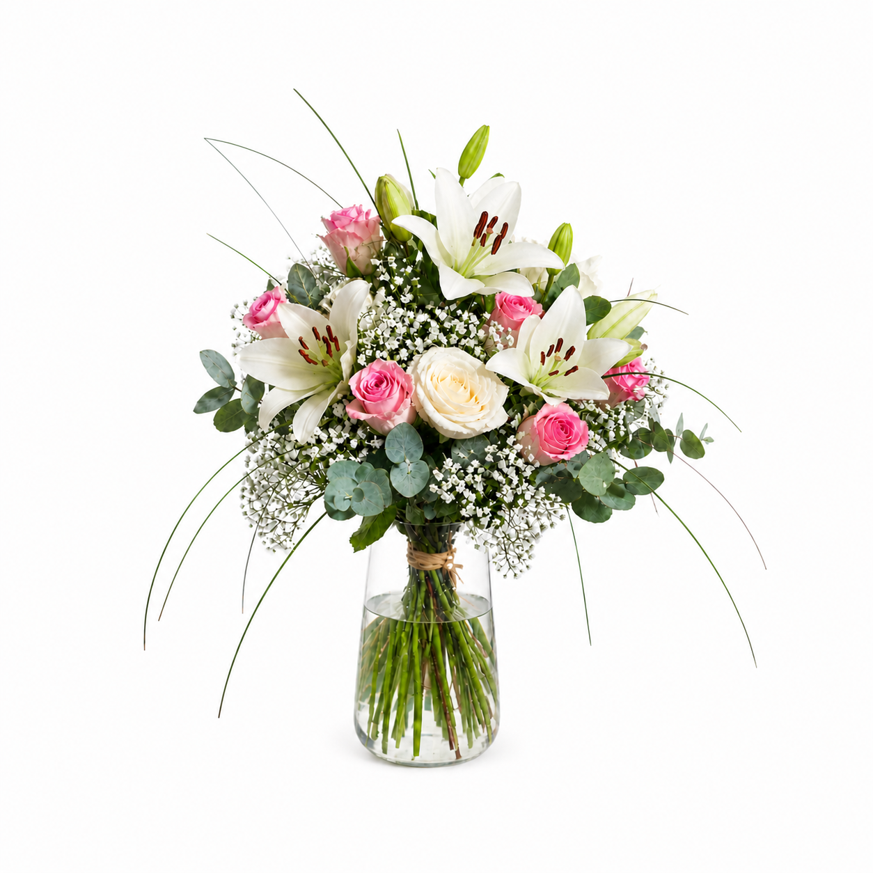 Heller Muttertagsstrauß mit weißen Lilien, Rosen und Eukalyptus