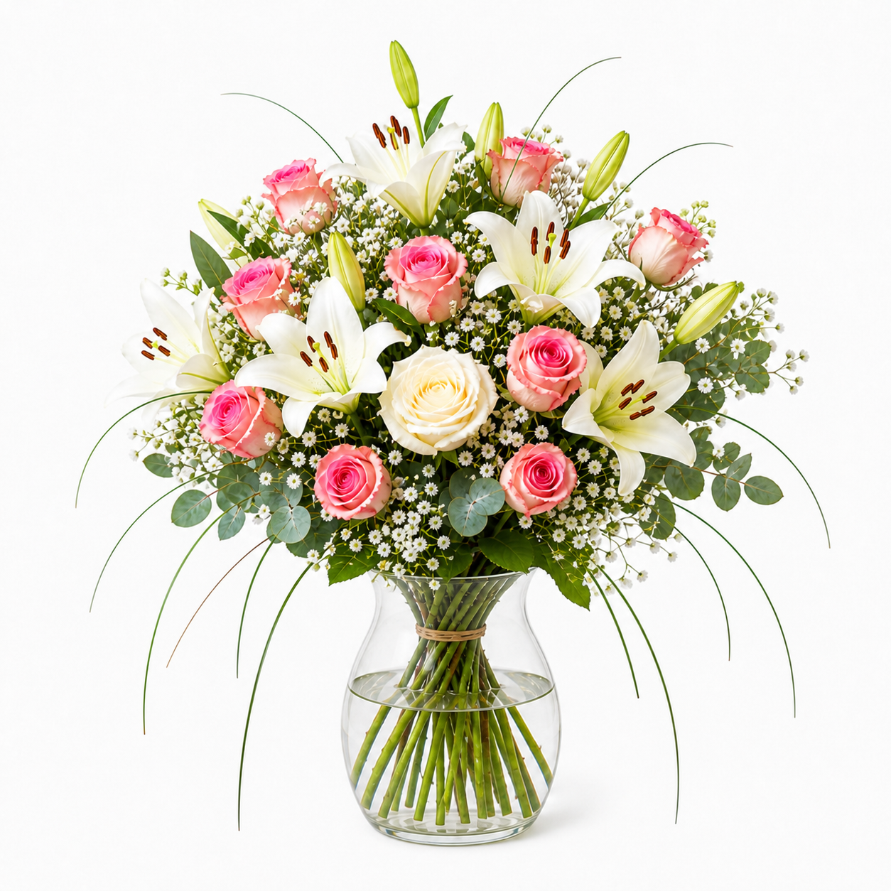 Heller Muttertagsstrauß mit weißen Lilien, Rosen und Eukalyptus