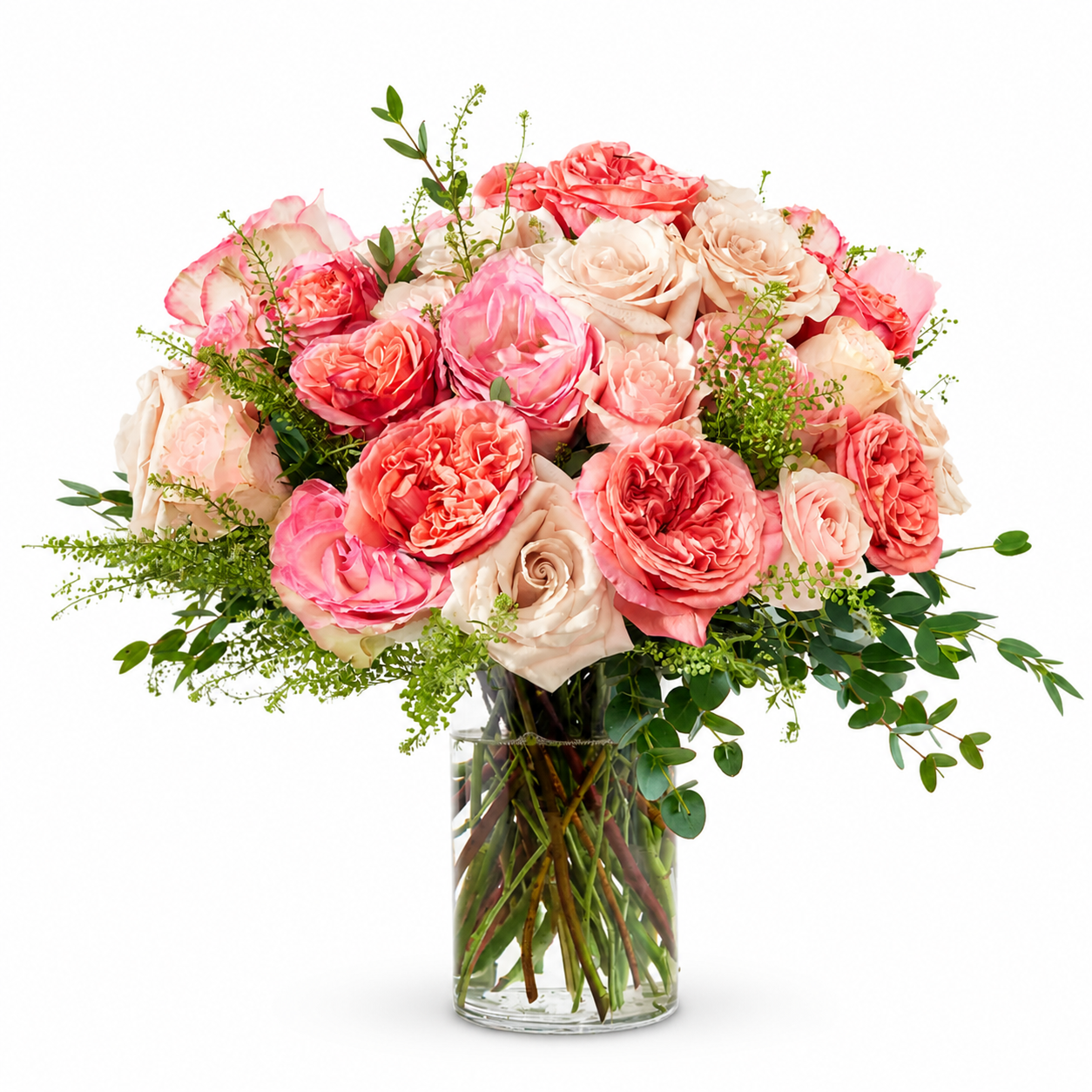 Zarter Muttertagsstrauß mit Rosen, Gartenrosen und frischem Grün