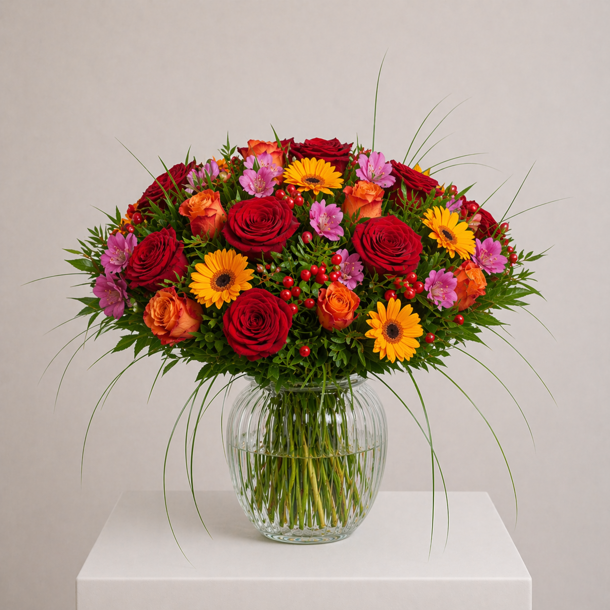 Leuchtender Blumenstrauß mit Rosen, Gerbera und Lisianthus