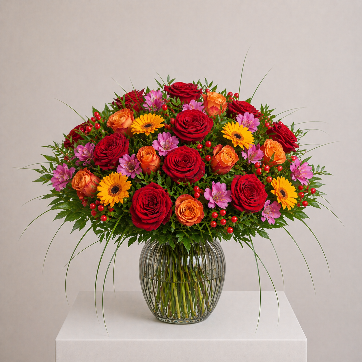Leuchtender Blumenstrauß mit Rosen, Gerbera und Lisianthus