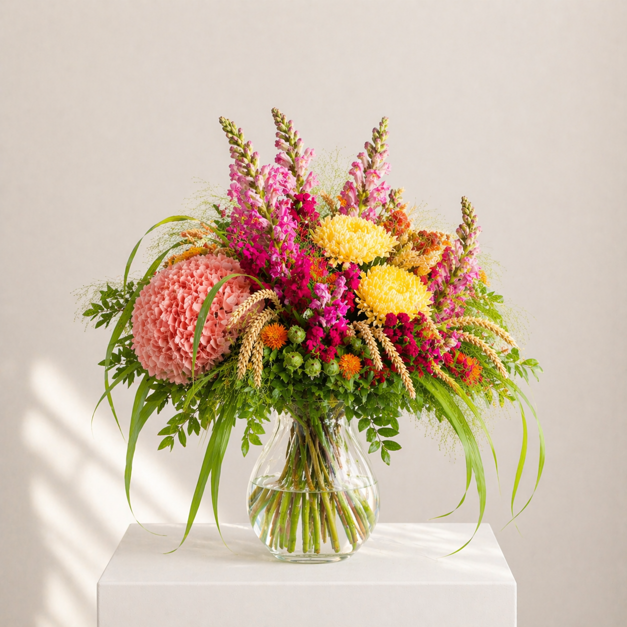 Farbenfroher Blumenstrauß mit Hortensien und Chrysanthemen