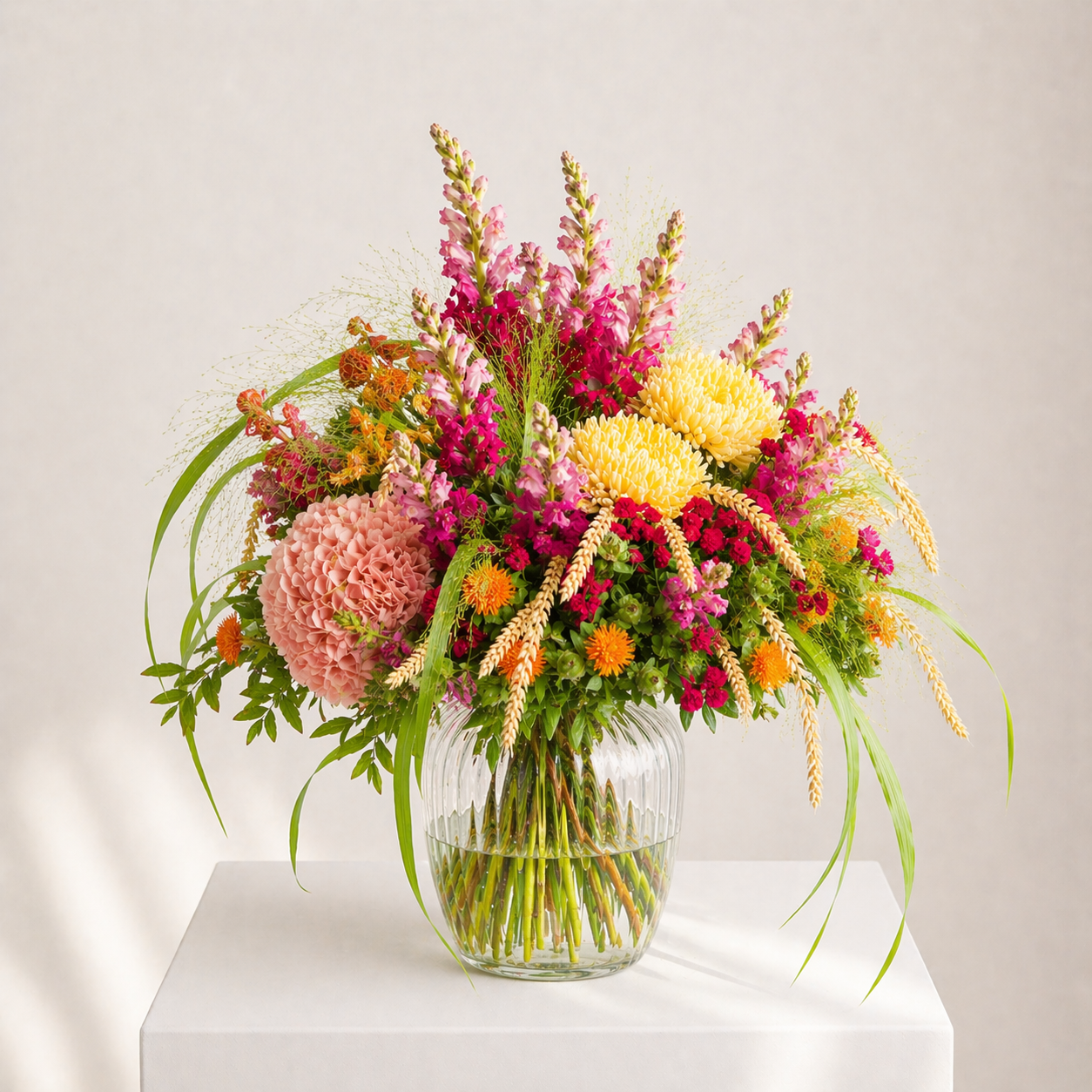 Farbenfroher Blumenstrauß mit Hortensien und Chrysanthemen