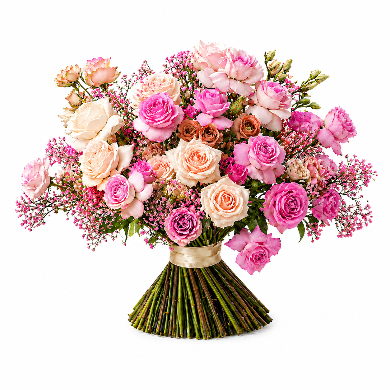 Pastellfarbener Rosenstrauß mit rosa Schleierkraut