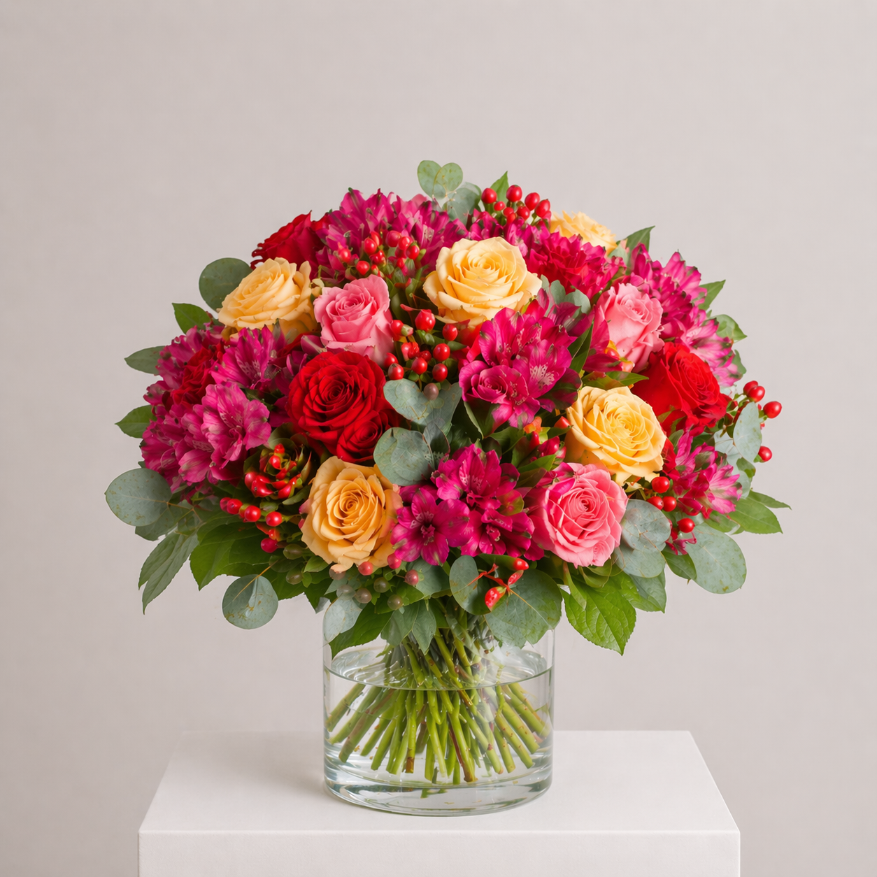 Bunter Rosenstrauß mit Inkalilien, Hypericum und Eukalyptus