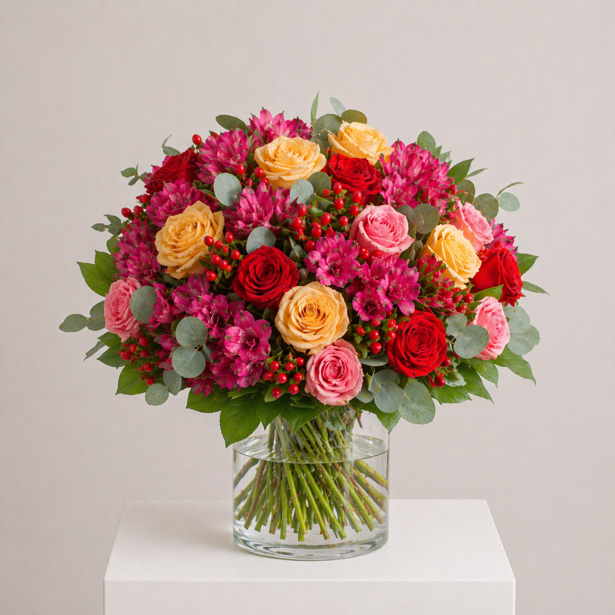 Bunter Rosenstrauß mit Inkalilien, Hypericum und Eukalyptus