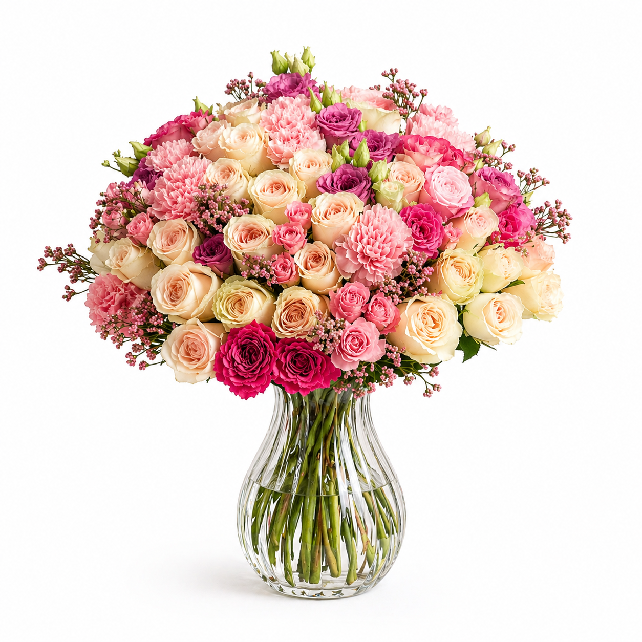 Rosiger Blumenstrauß mit Rosen, Nelken und frischem Grün
