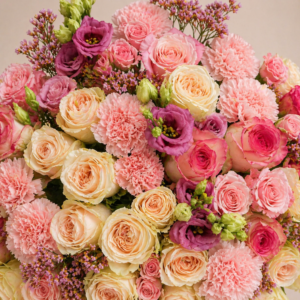 Rosiger Blumenstrauß mit Rosen, Nelken und frischem Grün