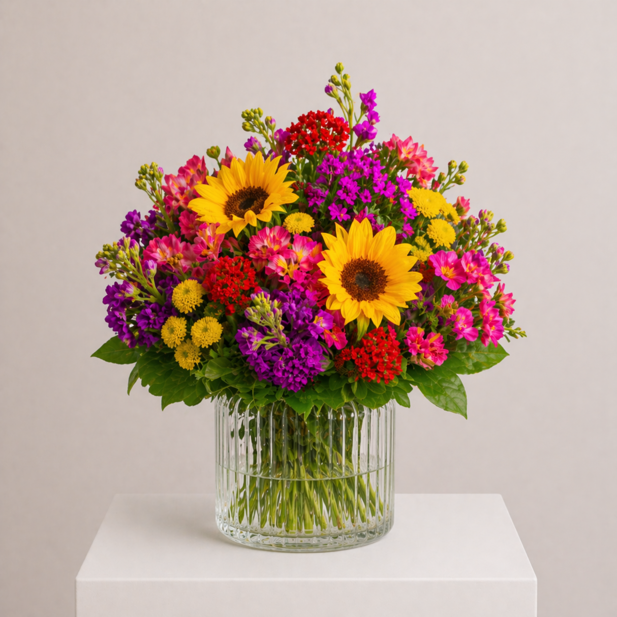 Sommerstrauß mit Sonnenblumen, Inkalilien, Nelken und Chrysanthemen