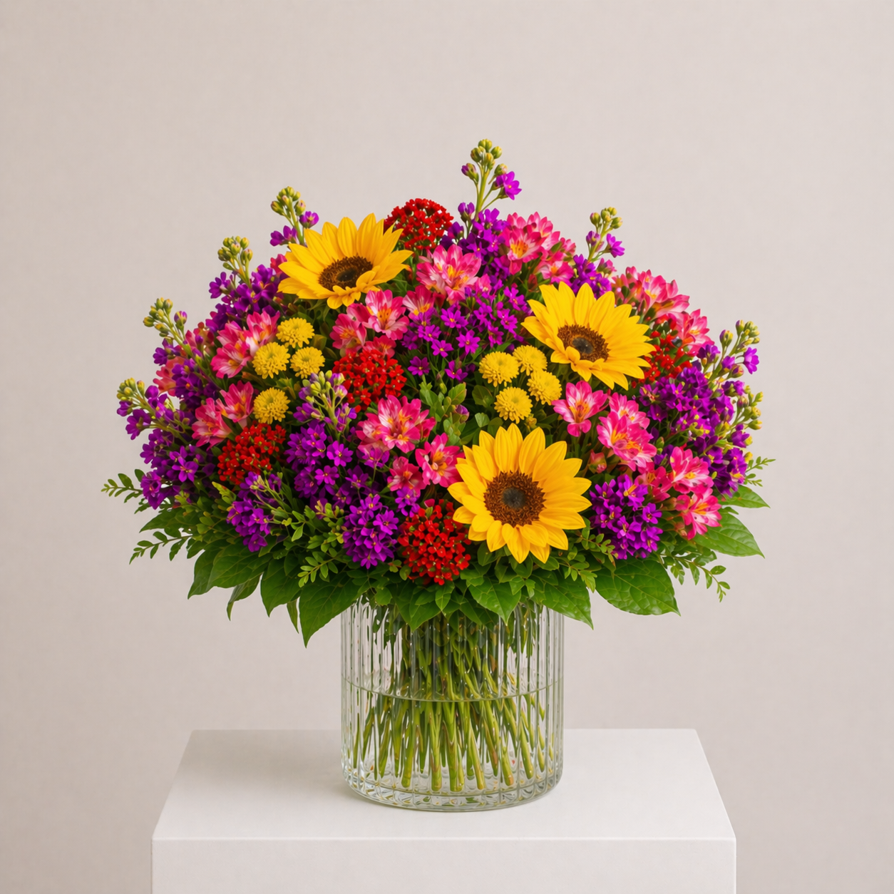 Sommerstrauß mit Sonnenblumen, Inkalilien, Nelken und Chrysanthemen