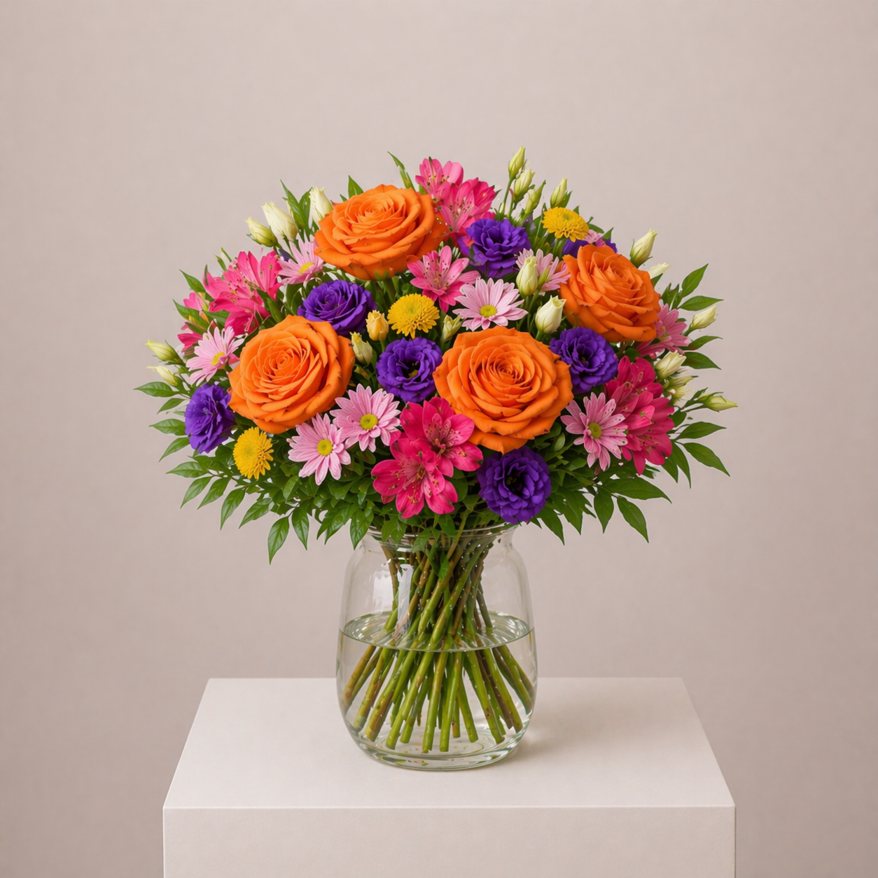 Bunter Sommerstrauß mit Rosen, Lisianthus und Chrysanthemen
