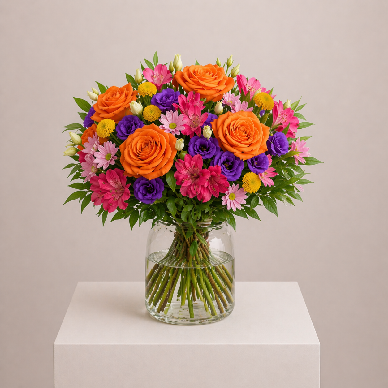 Bunter Sommerstrauß mit Rosen, Lisianthus und Chrysanthemen