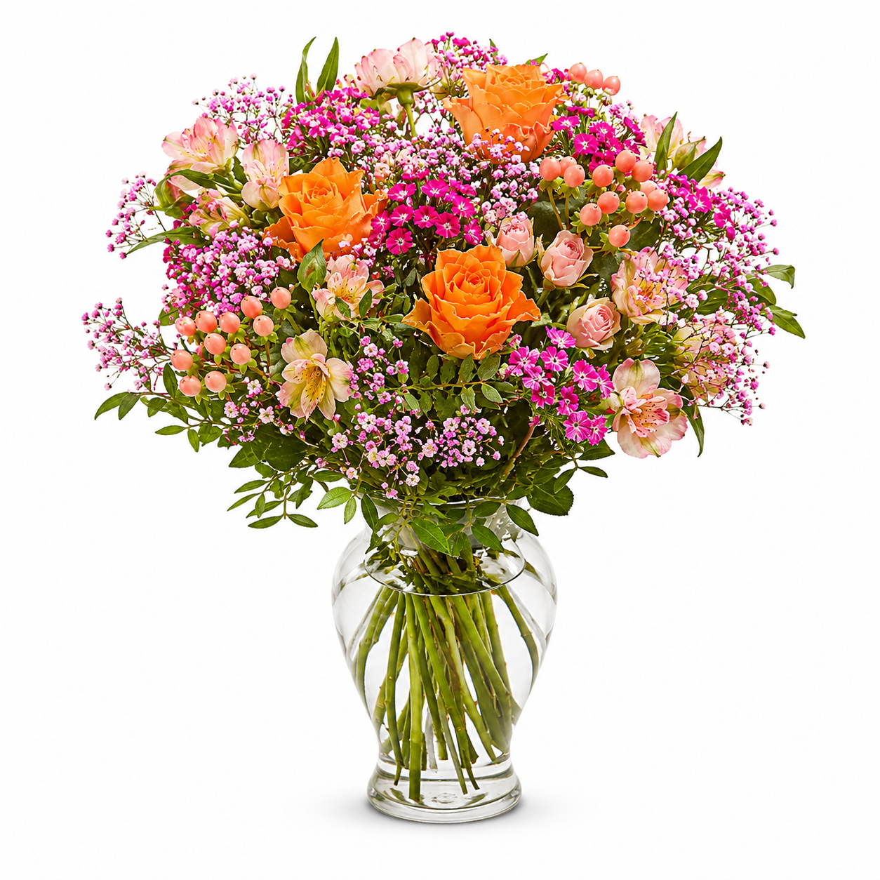 Rosa-apricot Muttertagsstrauß mit Rosen, Nelken und Inkalilien