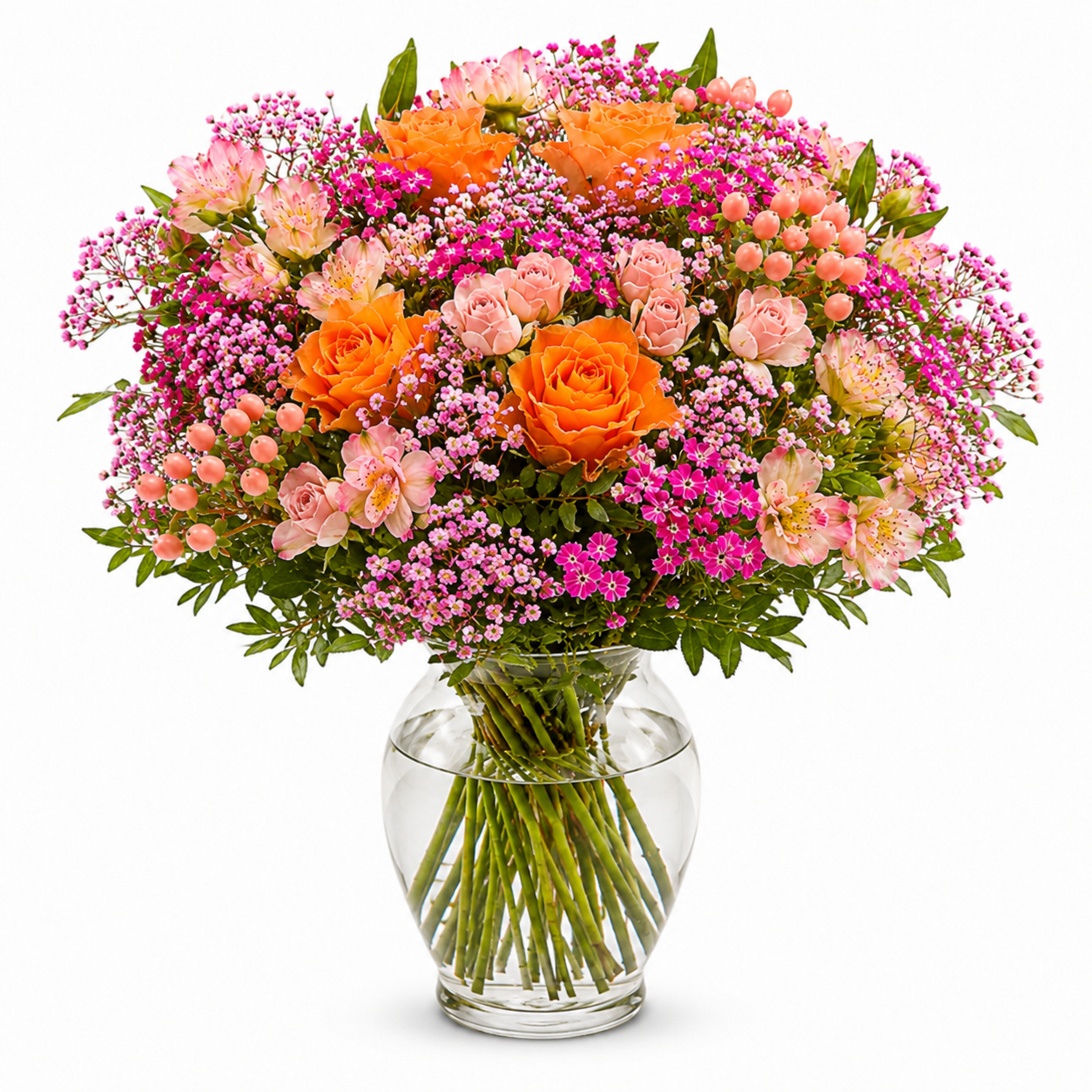 Rosa-apricot Muttertagsstrauß mit Rosen, Nelken und Inkalilien