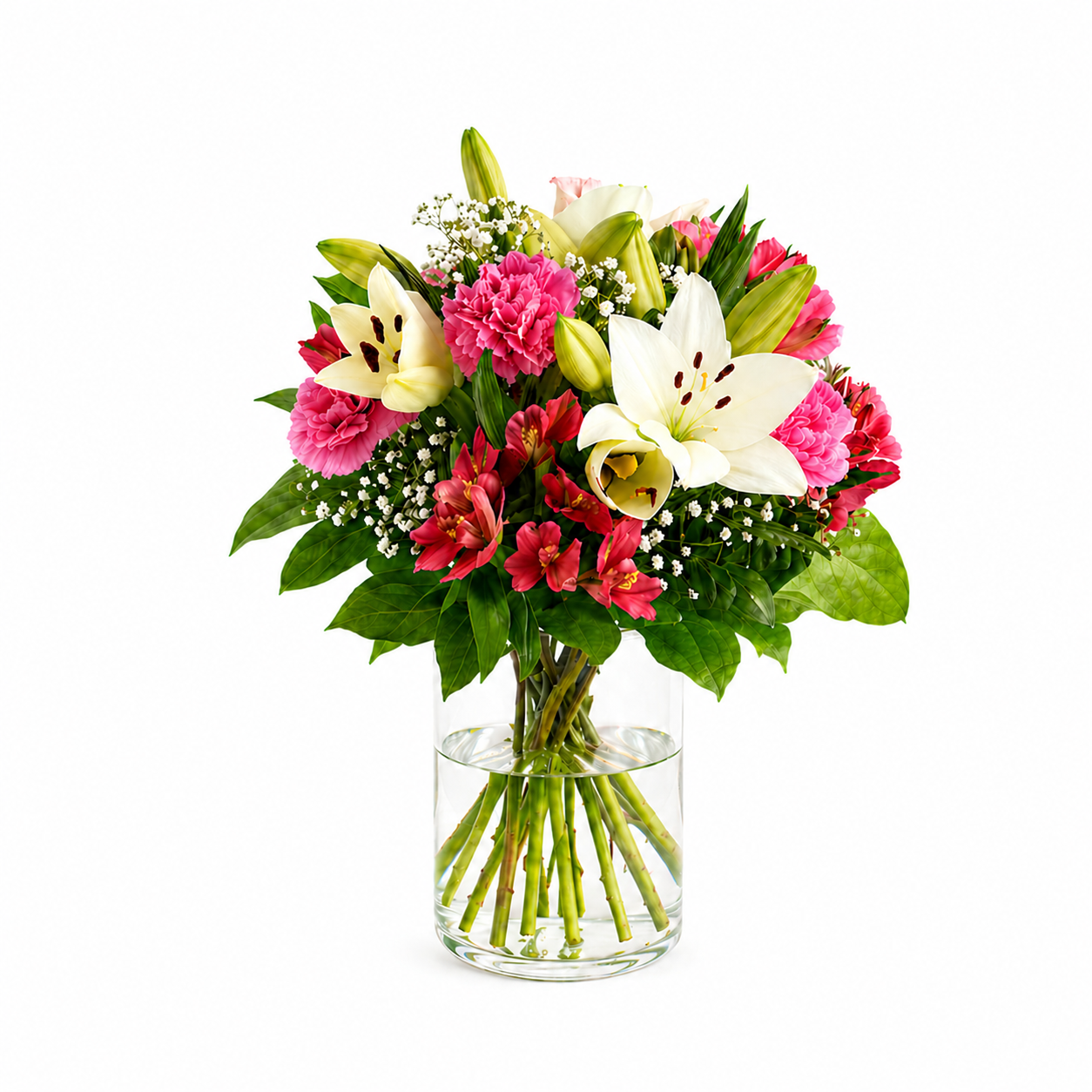 Heller Blumenstrauß mit Lilien, Nelken, Inkalilien und Schleierkraut